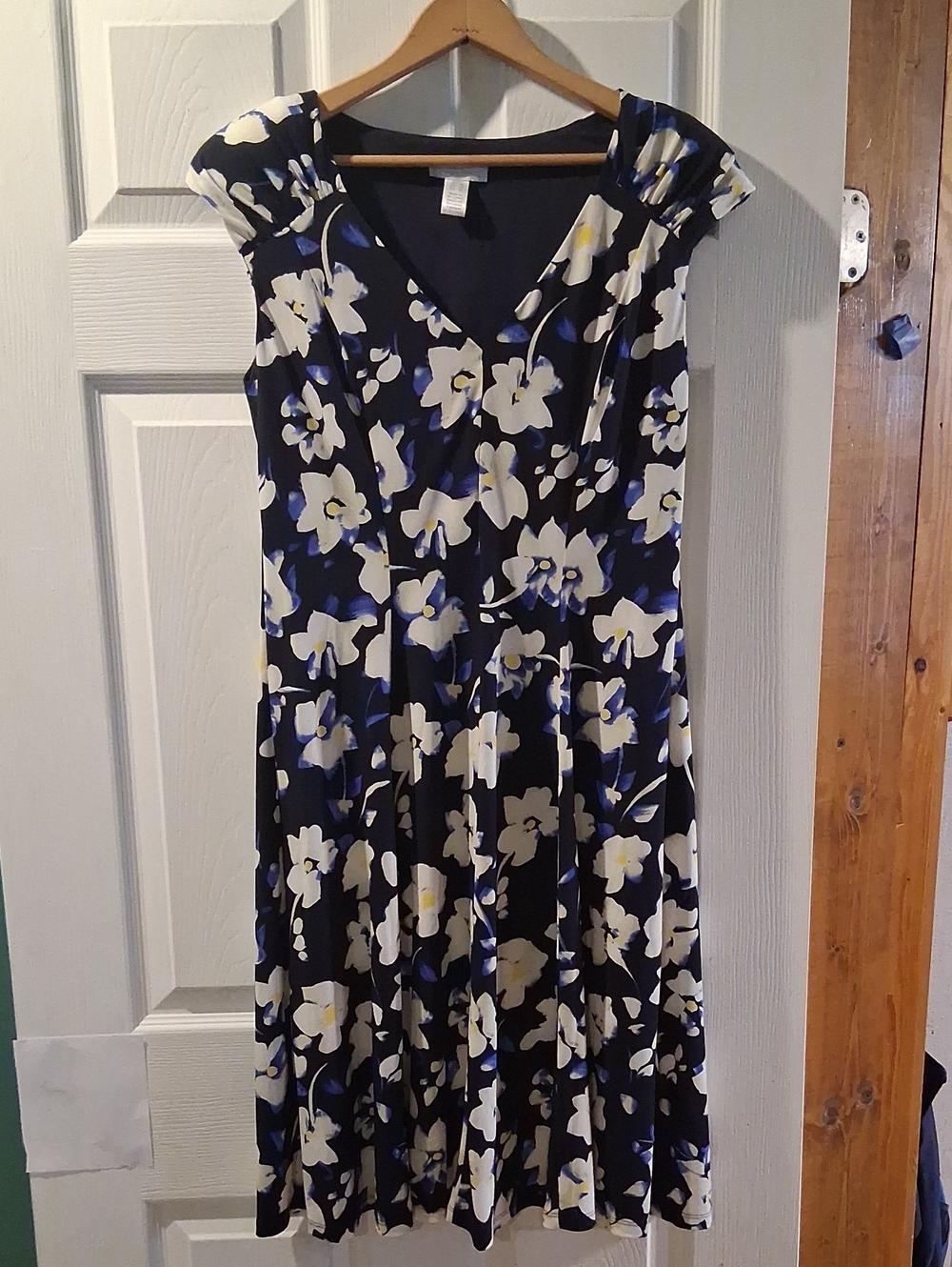 London Times Navy Floral Midi Dress with White and Blue Flowers